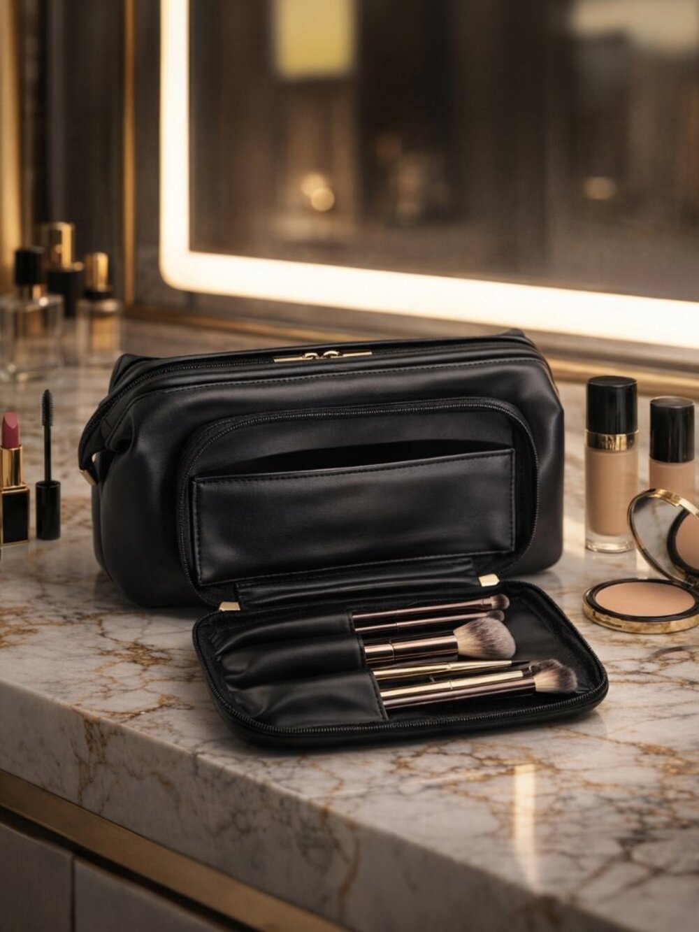 Cosmetic Bag with Makeup Brush Compartmen